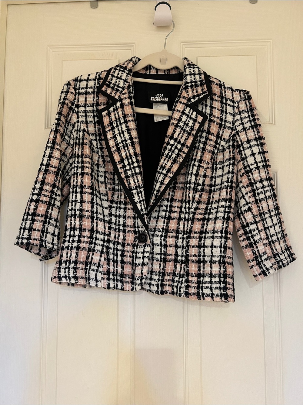 Jodi Kristopher Pink Black and White Plaid Tweed Cropped Blazer